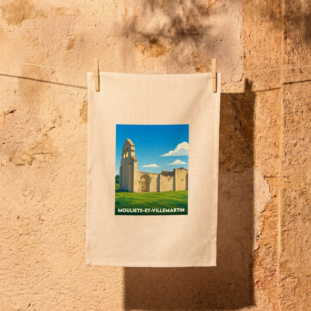 Torchon souvenir de la ville de Mouliets-et-Villemartin avec une illustration stylisée.