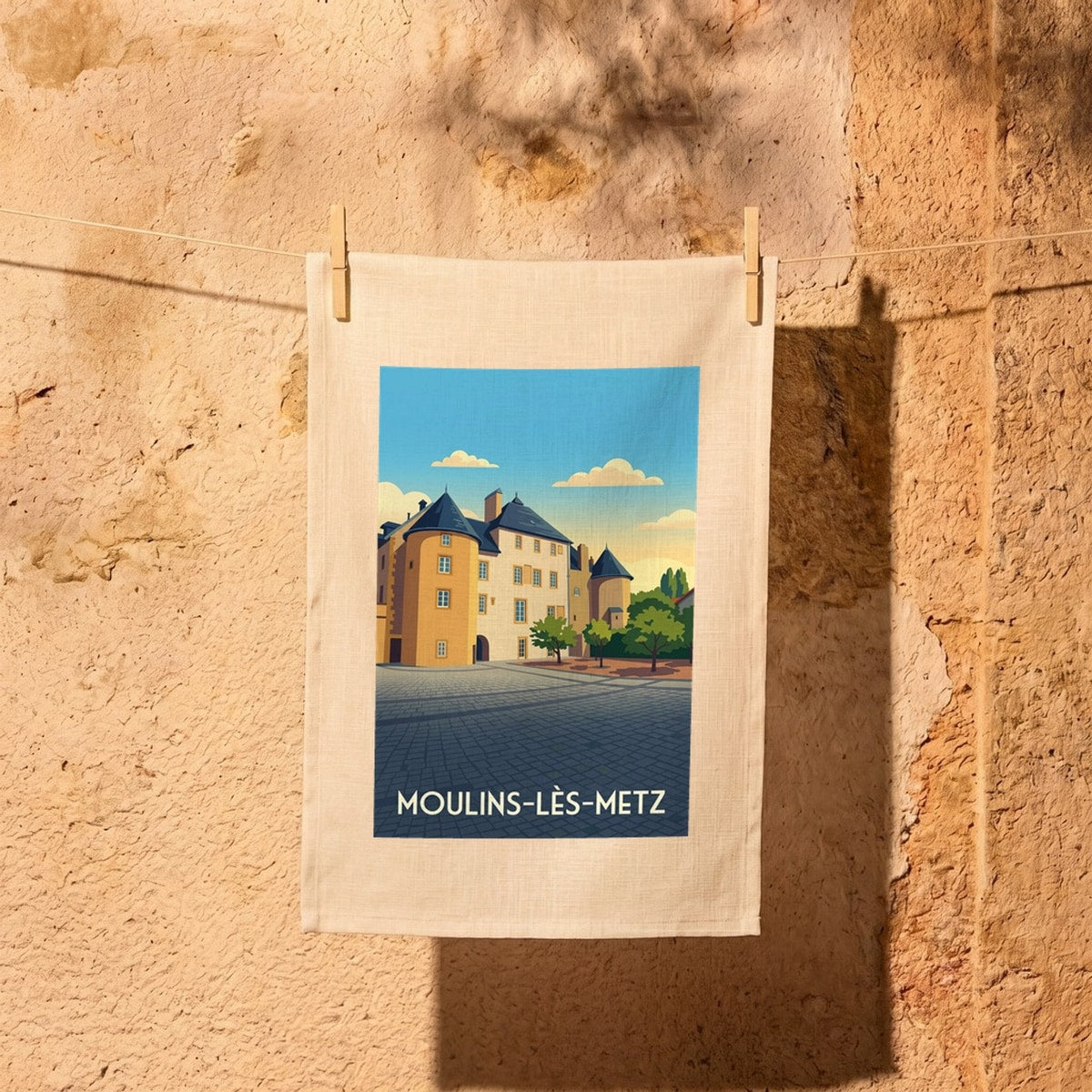 Torchon souvenir de la ville de Moulins-lès-Metz avec une illustration stylisée.