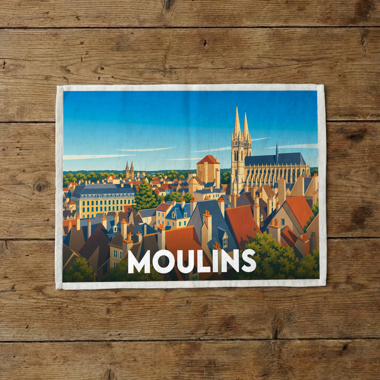Torchon souvenir de la ville de Moulins avec une illustration stylisée de ses toits et de sa cathédrale.