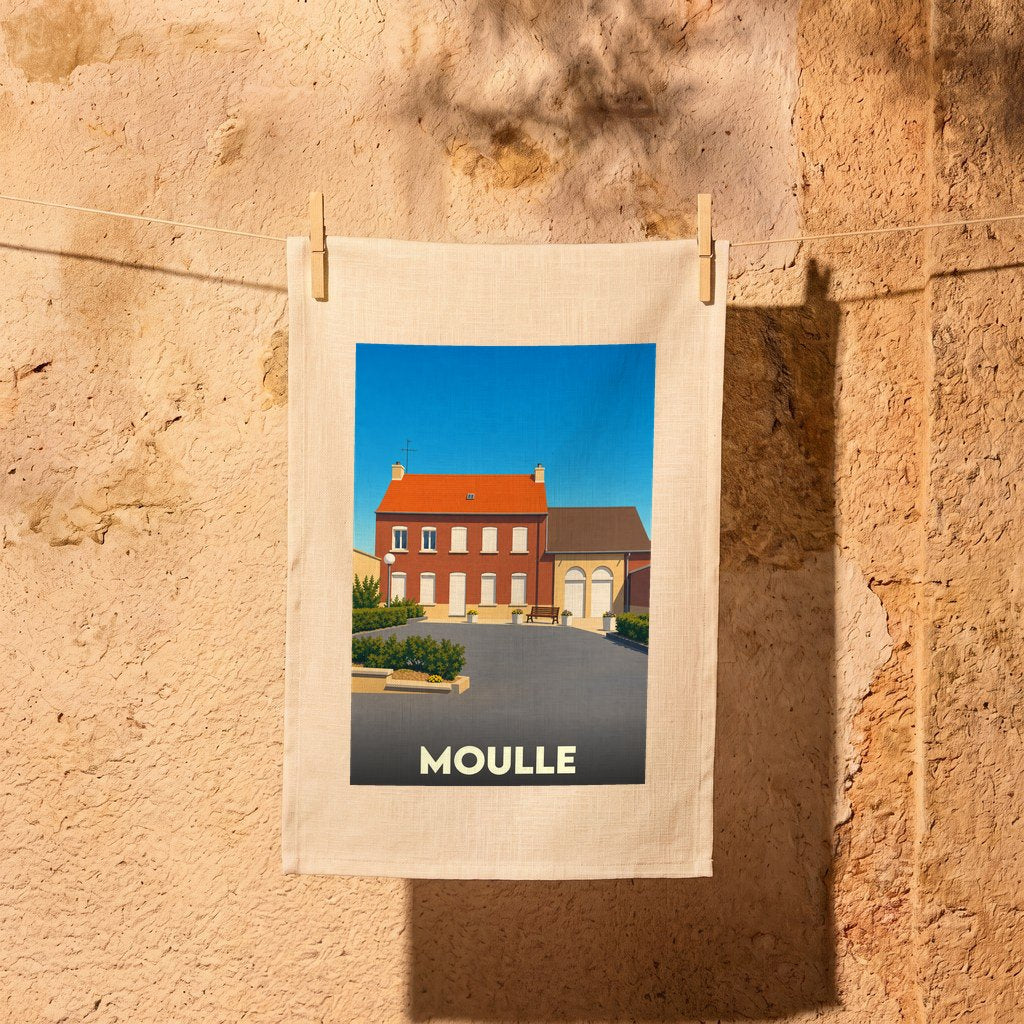 Torchon souvenir de la ville de Moulle avec une illustration stylisée d'un bâtiment typique.