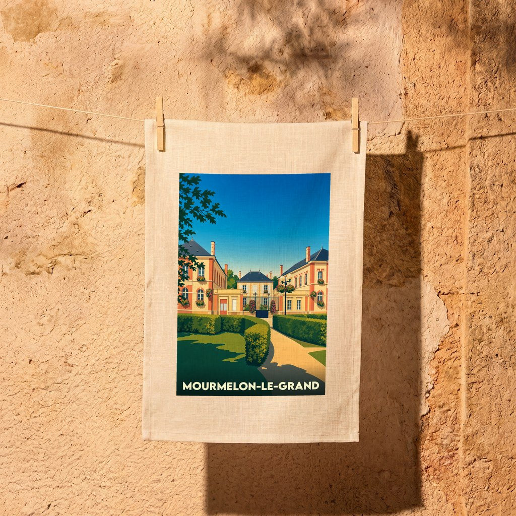 Torchon souvenir de la ville de Mourmelon-le-Grand avec une illustration stylisée de son architecture.