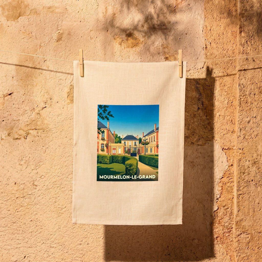 Torchon souvenir de la ville de Mourmelon-le-Grand avec une illustration stylisée de son architecture.