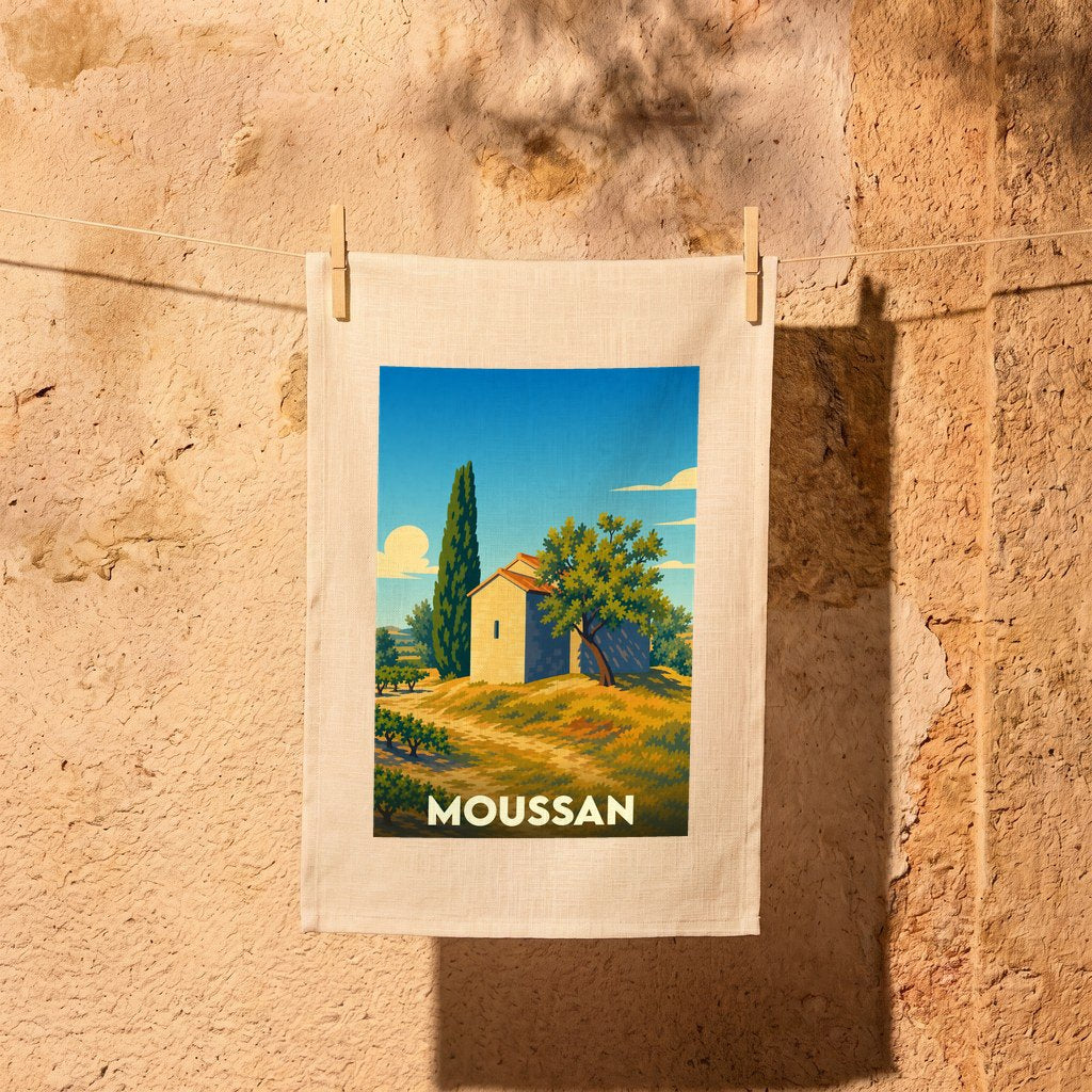 Torchon souvenir de la ville de Moussan avec une illustration stylisée d'un paysage provençal.