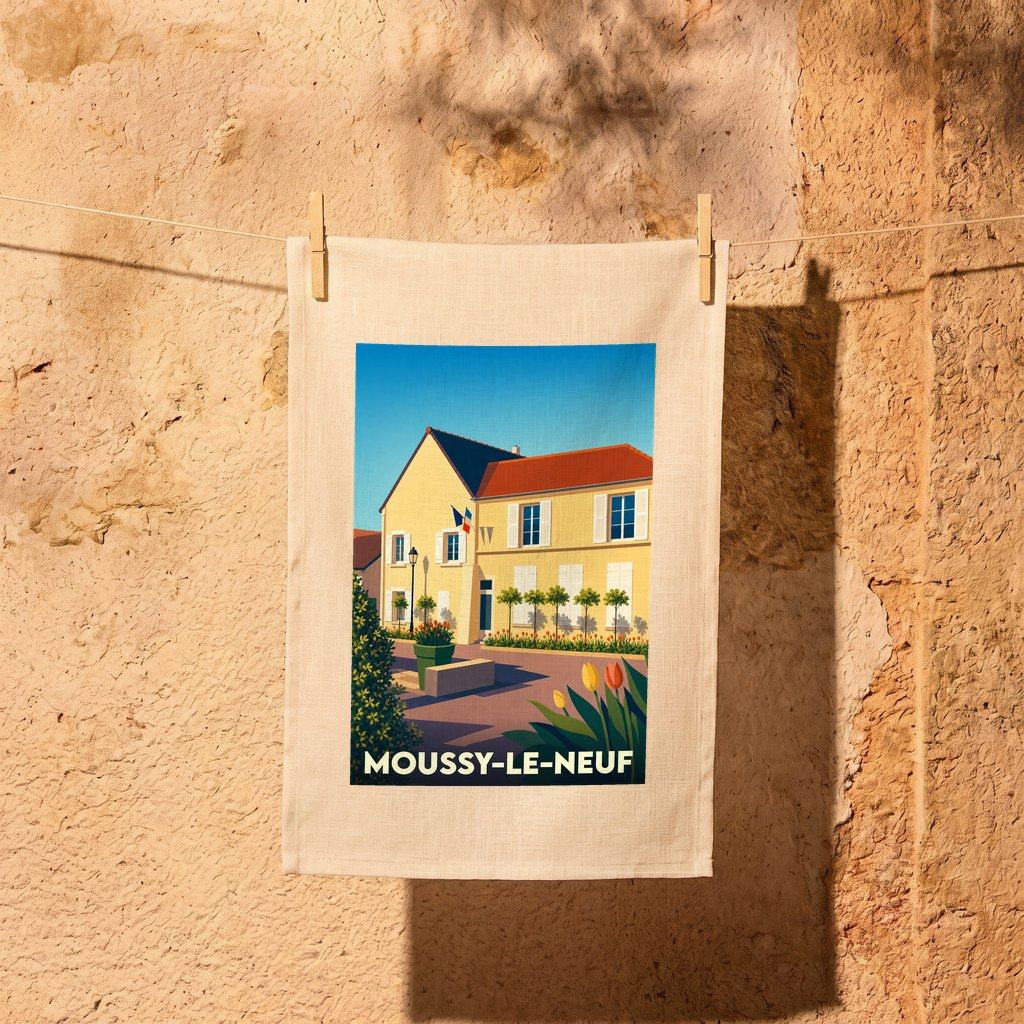 Torchon souvenir de la ville de Moussy-le-Neuf avec une illustration stylisée d'un bâtiment communal.