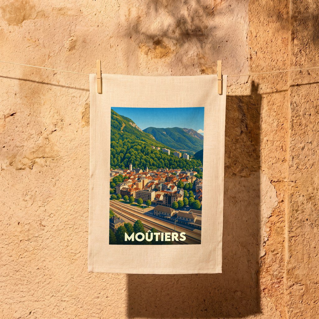 Torchon souvenir de la ville de Moûtiers arborant une illustration stylisée de son paysage urbain et montagneux.