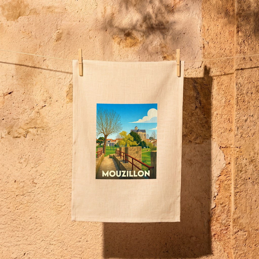 Torchon souvenir de la ville de Mouzillon avec une illustration stylisée d'un pont de pierre.