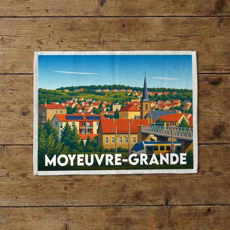 Torchon souvenir de la ville de Moyeuvre-Grande avec une illustration stylisée et colorée.