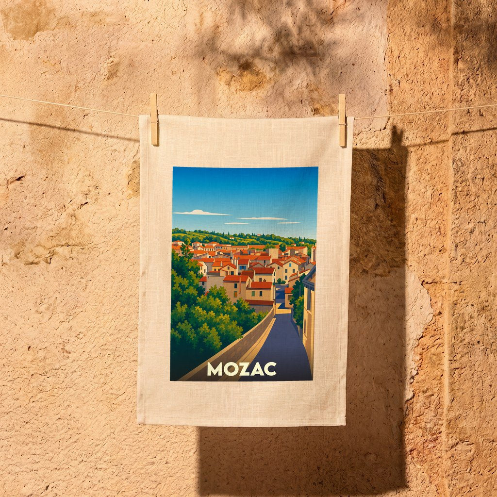 Torchon souvenir de la ville de Mozac illustré par un paysage urbain stylisé.