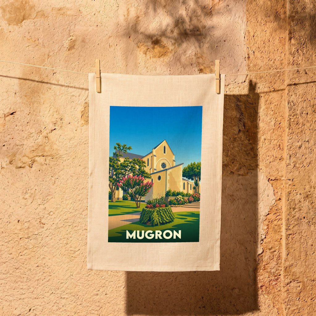 Torchon souvenir de la ville de Mugron avec une illustration stylisée de son église et de ses jardins.