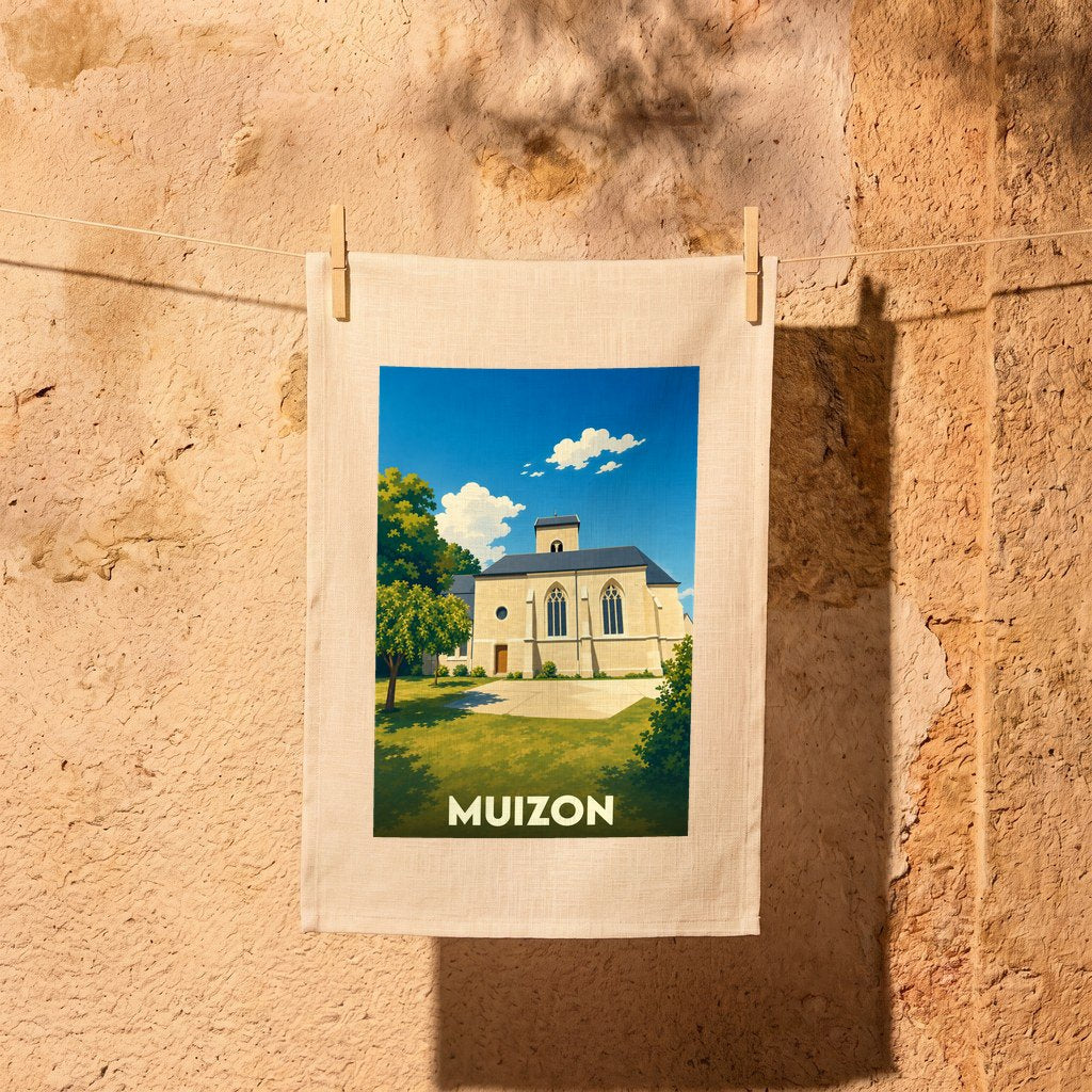 Torchon souvenir de la ville de Muizon illustré par un dessin stylisé de son église sous un ciel bleu.