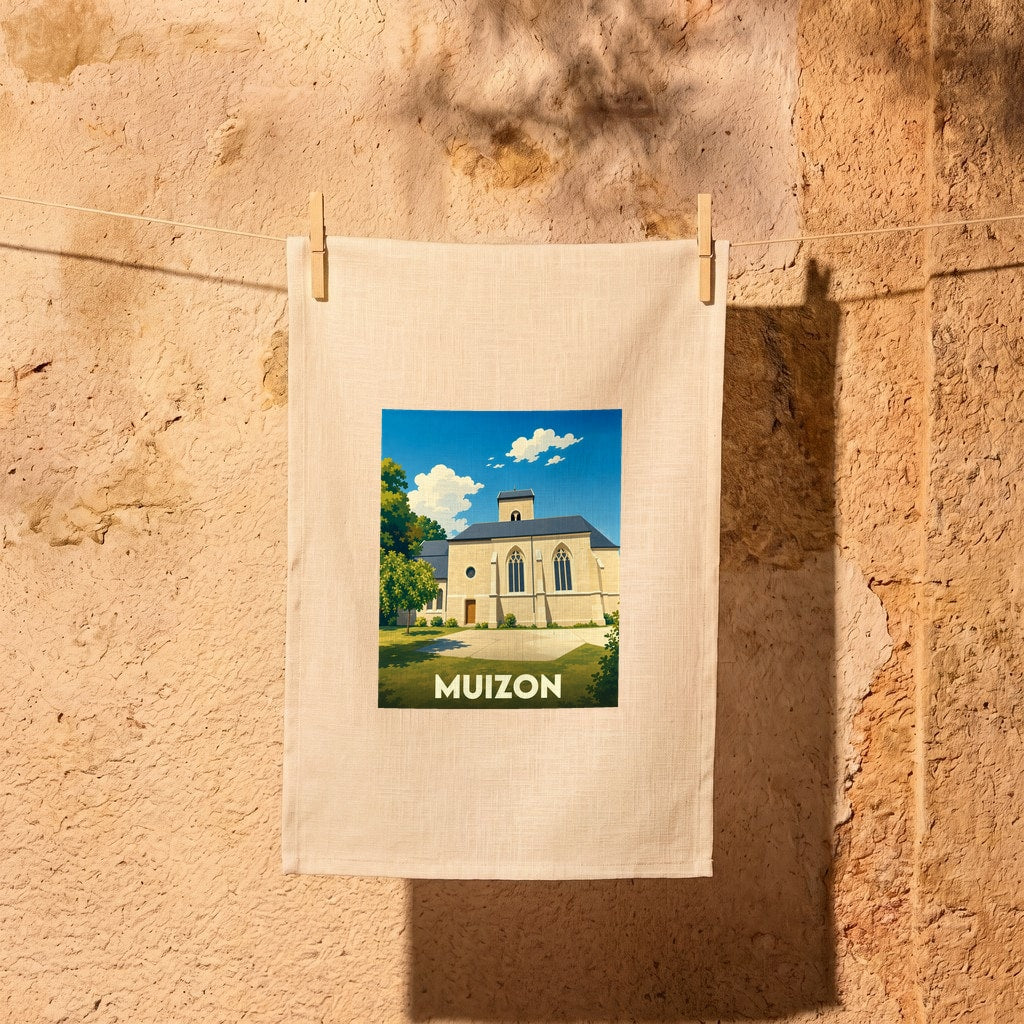 Torchon souvenir de la ville de Muizon illustré par un dessin stylisé de son église sous un ciel bleu.