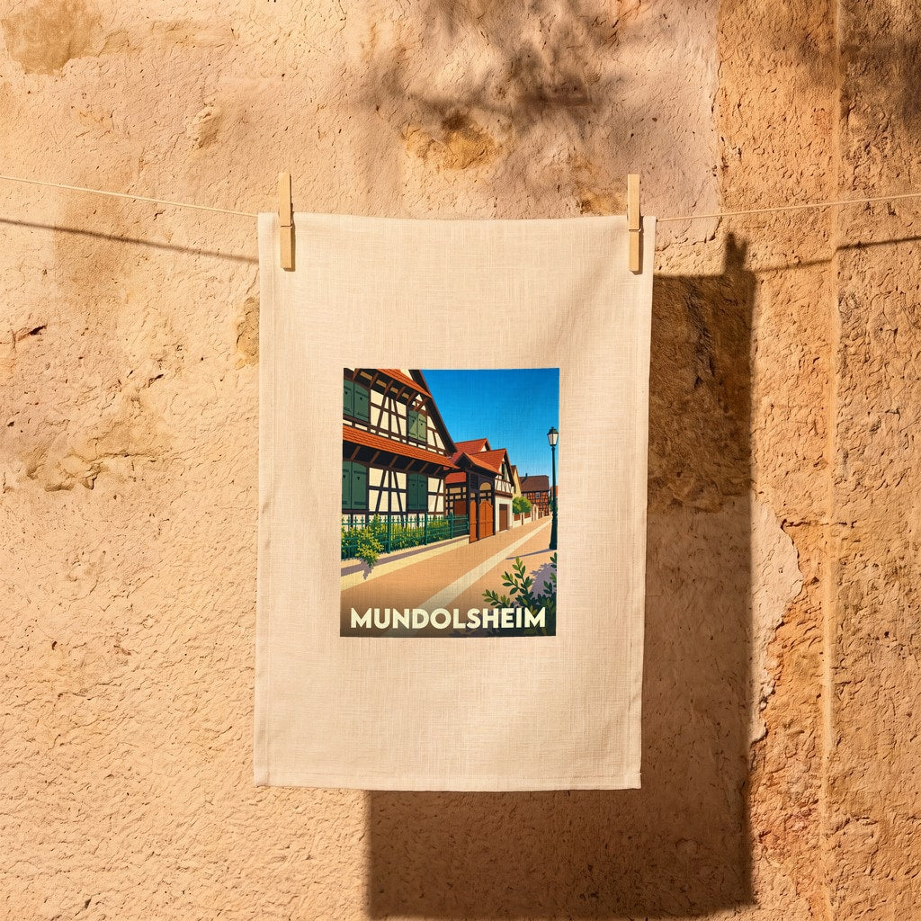 Torchon souvenir de la ville de Mundolsheim avec une illustration stylisée de maisons à colombages alsaciennes.