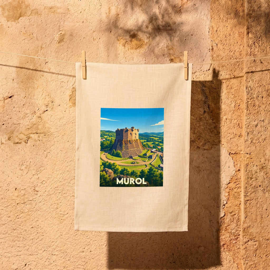 Torchon souvenir de la ville de Murol avec une illustration stylisée de son château médiéval.