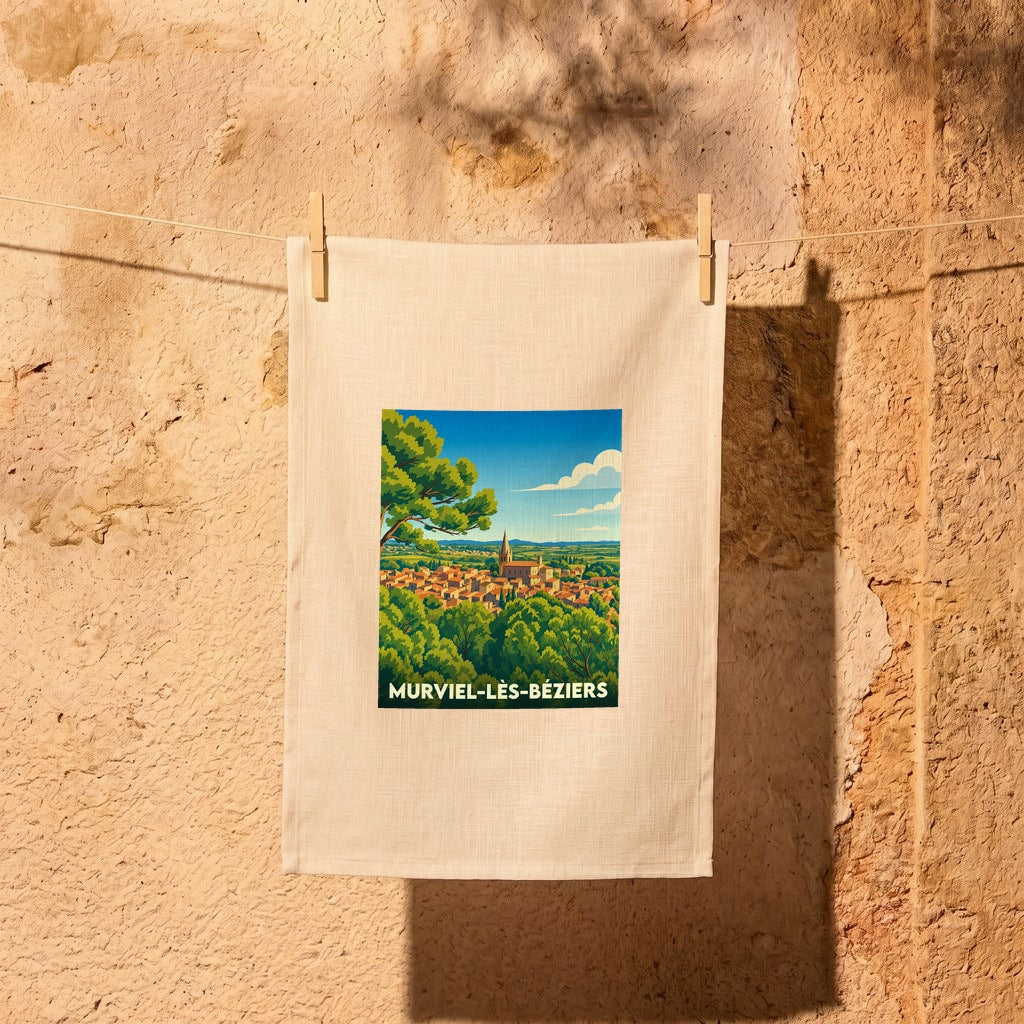 Torchon souvenir de la ville de Murviel-lès-Béziers avec une illustration de style affiche vintage.