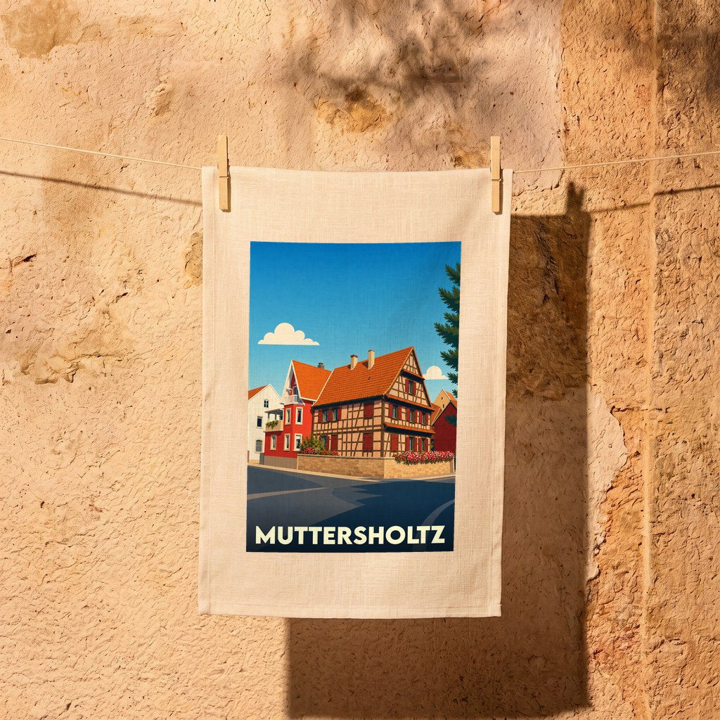 Torchon souvenir de la ville de Muttersholtz avec une illustration stylisée de maisons à colombages.