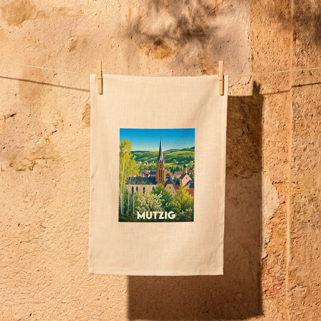 Torchon souvenir de la ville de Mutzig avec une illustration stylisée.