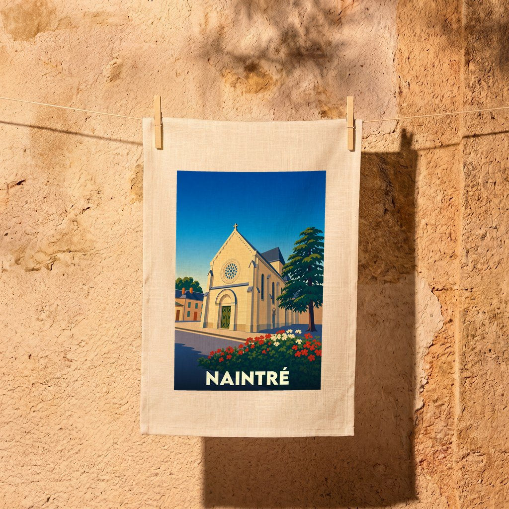 Torchon souvenir de la ville de Naintré illustré d'un dessin stylisé de son église.