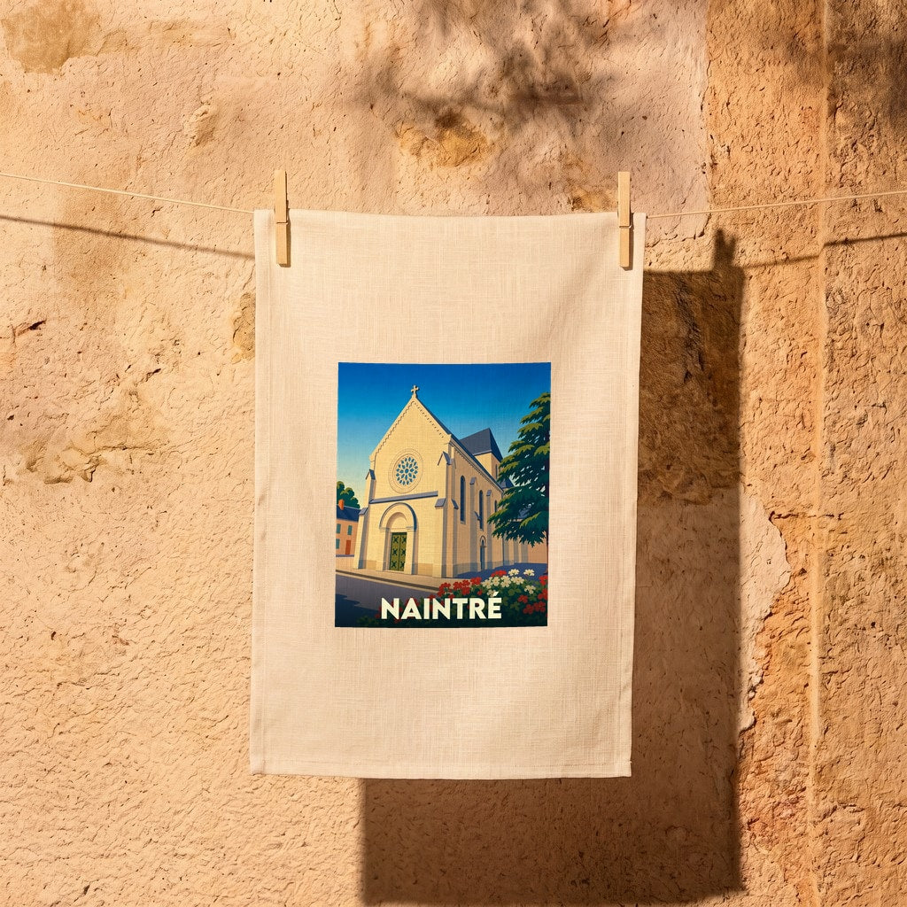 Torchon souvenir de la ville de Naintré illustré d'un dessin stylisé de son église.
