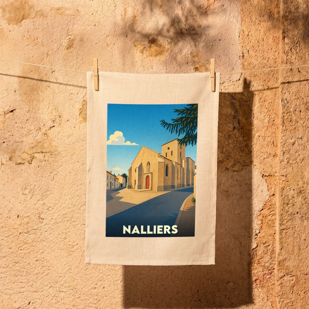 Torchon souvenir de la ville de Nalliers illustré d'un dessin stylisé de son église.