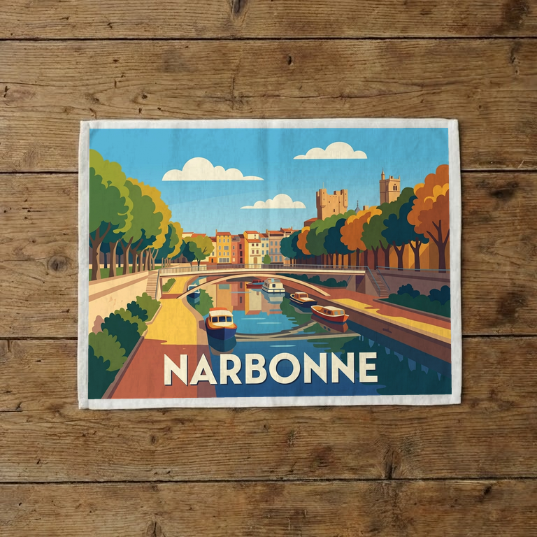 Torchon souvenir de la ville de Narbonne avec une illustration stylisée de son canal et de son architecture.