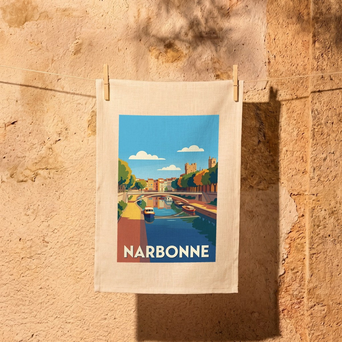 Torchon souvenir de la ville de Narbonne avec une illustration stylisée de son canal et de son architecture.