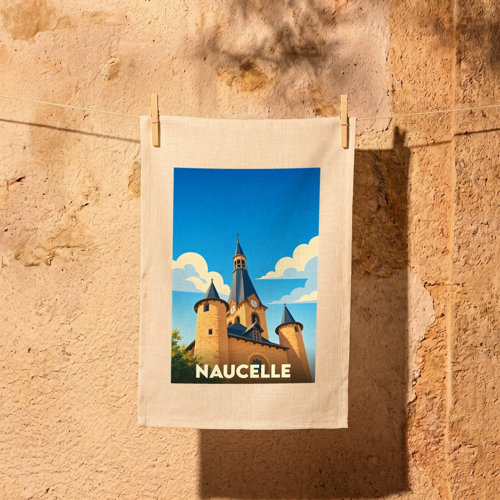 Torchon souvenir de la ville de Naucelle avec une illustration stylisée de son église.