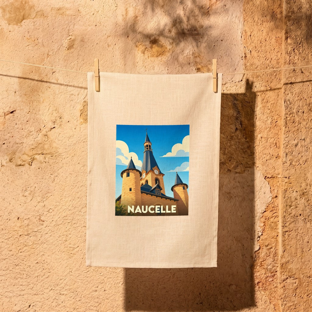 Torchon souvenir de la ville de Naucelle avec une illustration stylisée de son église.