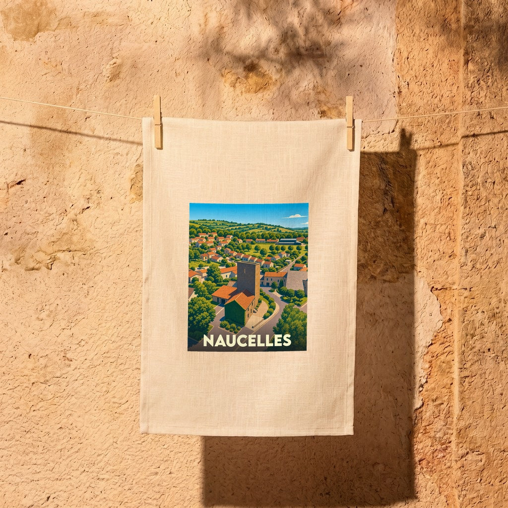 Torchon souvenir de la ville de Naucelles avec une illustration stylisée.
