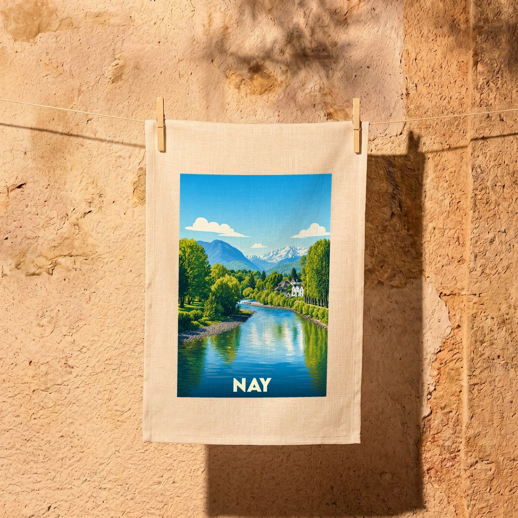 Torchon souvenir de la ville de Nay avec une illustration stylisée d'un paysage montagneux et d'une rivière.
