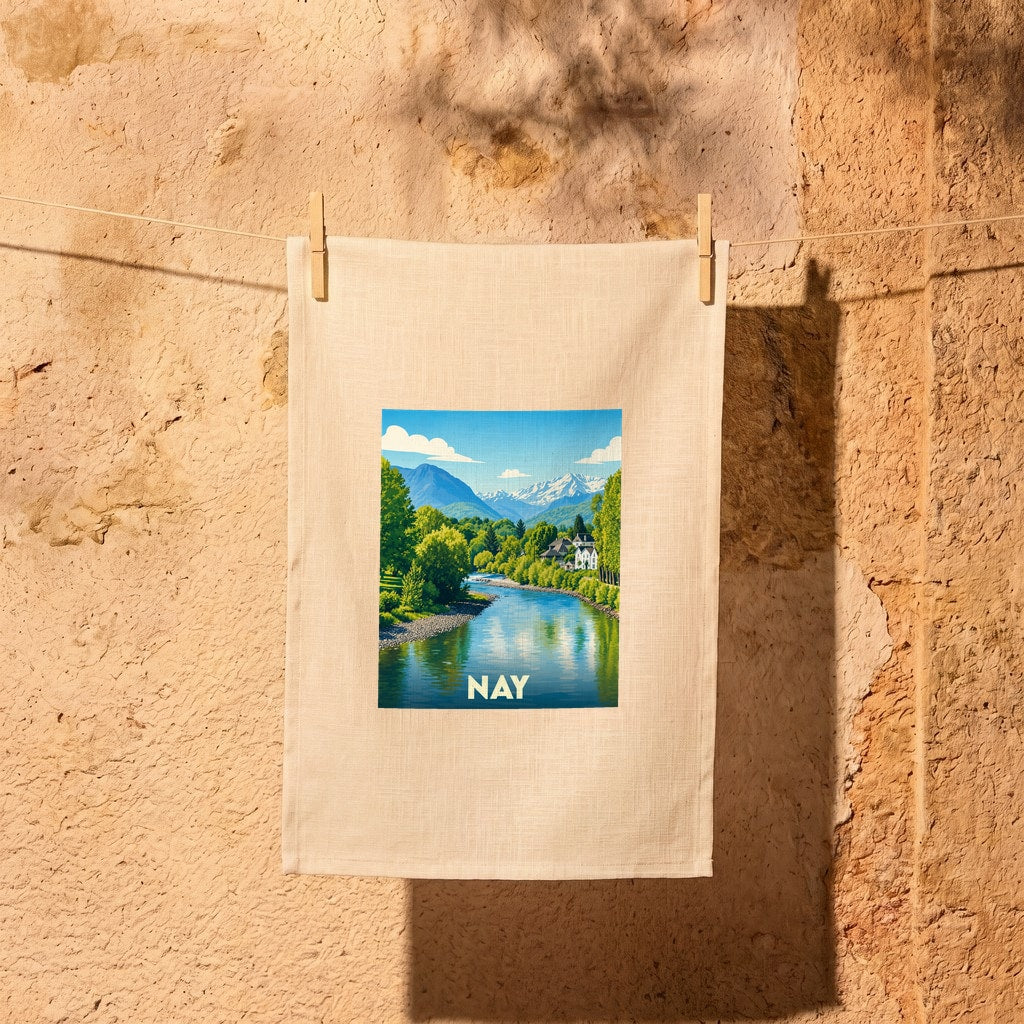 Torchon souvenir de la ville de Nay avec une illustration stylisée d'un paysage montagneux et d'une rivière.