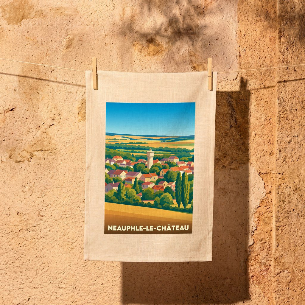Torchon souvenir de la ville de Neauphle-le-Château avec une illustration stylisée et colorée du paysage urbain.