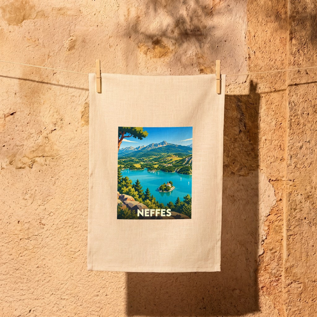 Torchon souvenir de la ville de Neffes avec une illustration stylisée d'un paysage de montagne et de lac.