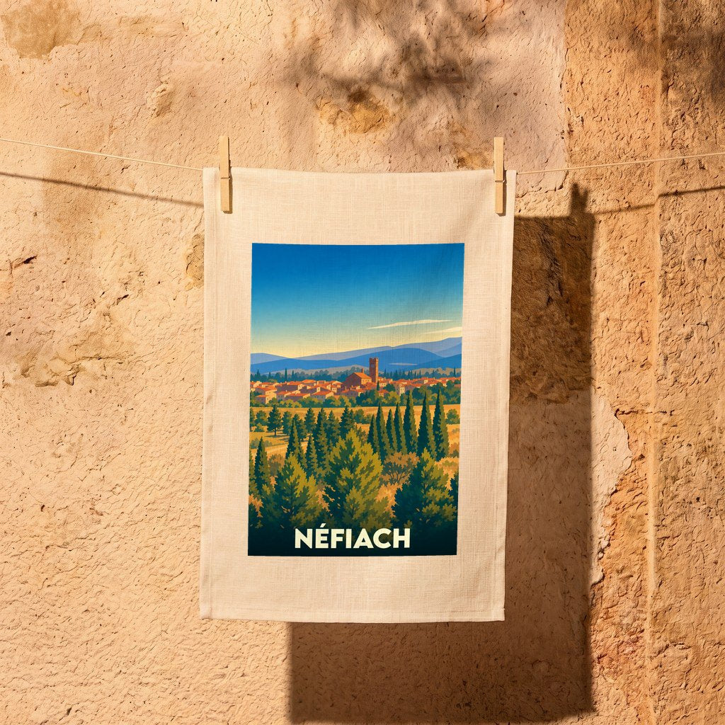 Torchon souvenir de la ville de Néfiach avec une illustration stylisée de son paysage.