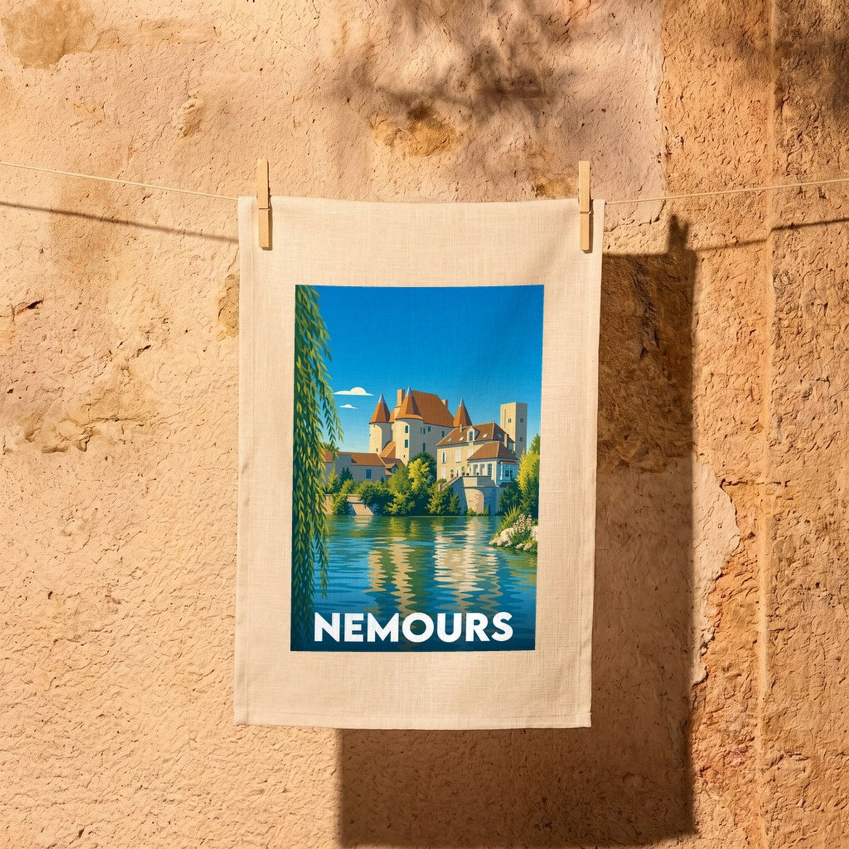 Torchon souvenir de la ville de Nemours avec une illustration stylisée de son château en bord de rivière.