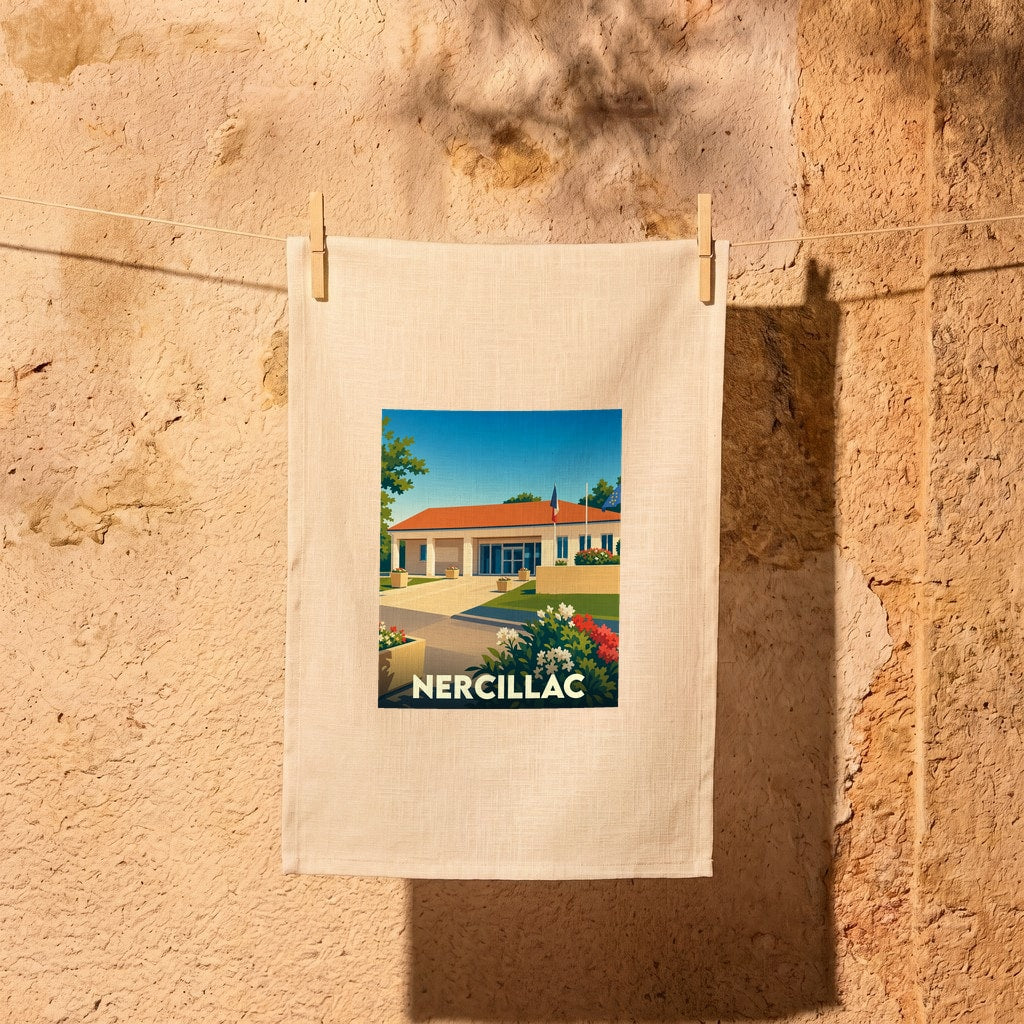 Torchon souvenir de la ville de Nercillac avec une illustration stylisée.