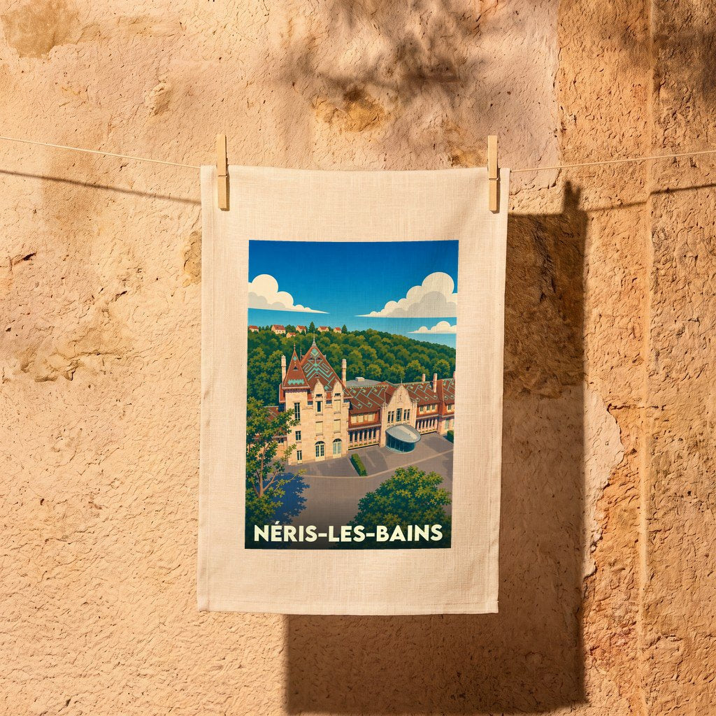 Torchon souvenir de la ville de Néris-les-Bains avec une illustration stylisée de ses thermes.