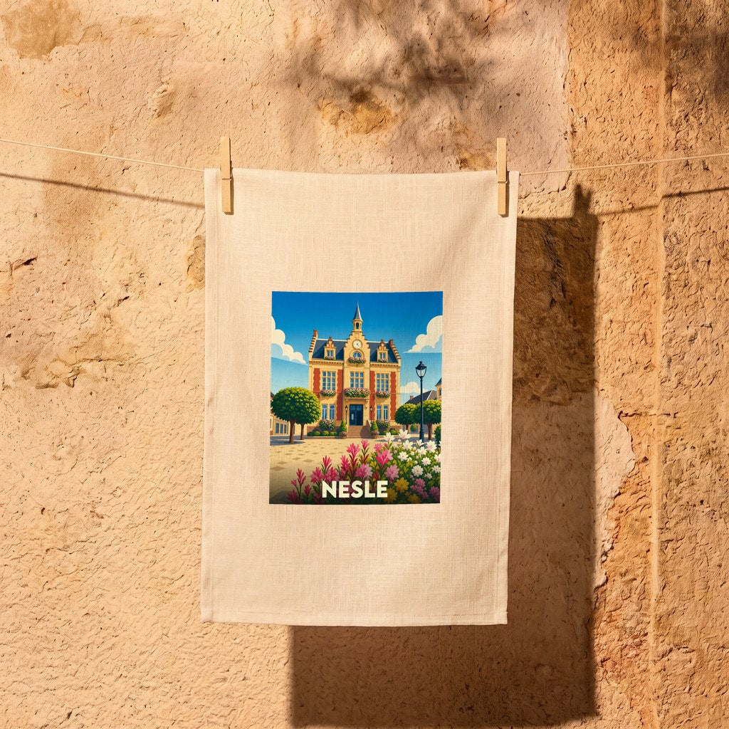 Torchon souvenir de la ville de Nesle avec une illustration stylisée de son hôtel de ville fleuri.