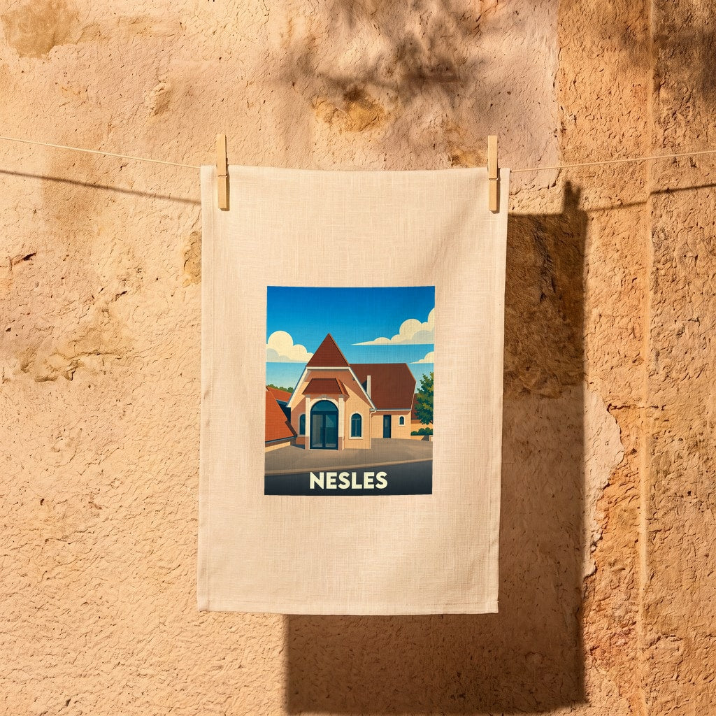 Torchon souvenir de la ville de Nesles avec une illustration stylisée.