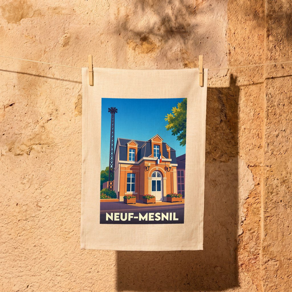 Torchon souvenir de la ville de Neuf-Mesnil avec une illustration stylisée de sa mairie.