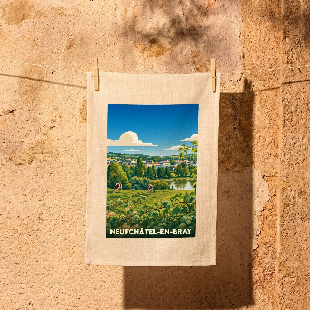 Torchon souvenir de la ville de Neufchâtel-en-Bray avec une illustration stylisée de paysages normands.
