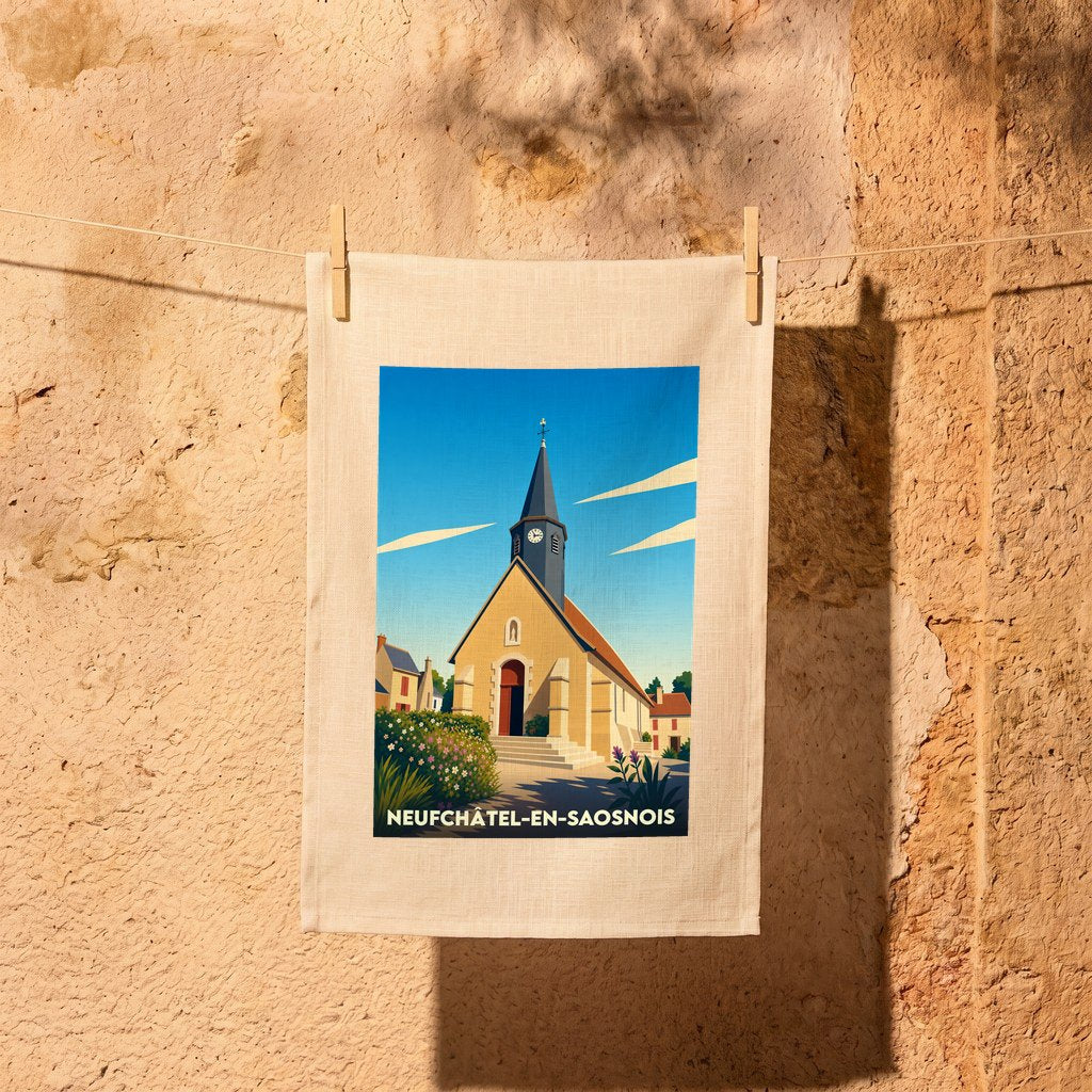Torchon souvenir de la ville de Neufchâtel-en-Saosnois avec une illustration stylisée de son église.