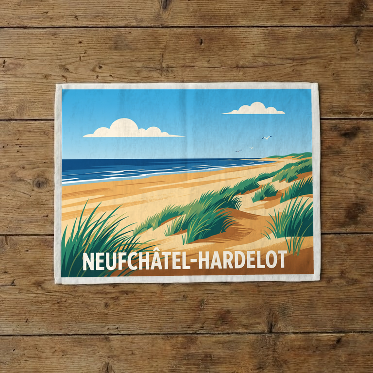 Torchon souvenir de la ville de Neufchâtel-Hardelot avec une illustration stylisée de plage et de dunes.