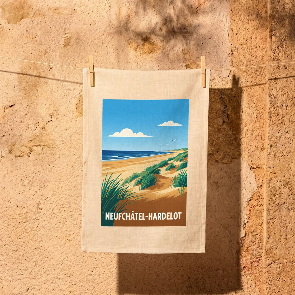 Torchon souvenir de la ville de Neufchâtel-Hardelot avec une illustration stylisée de plage et de dunes.