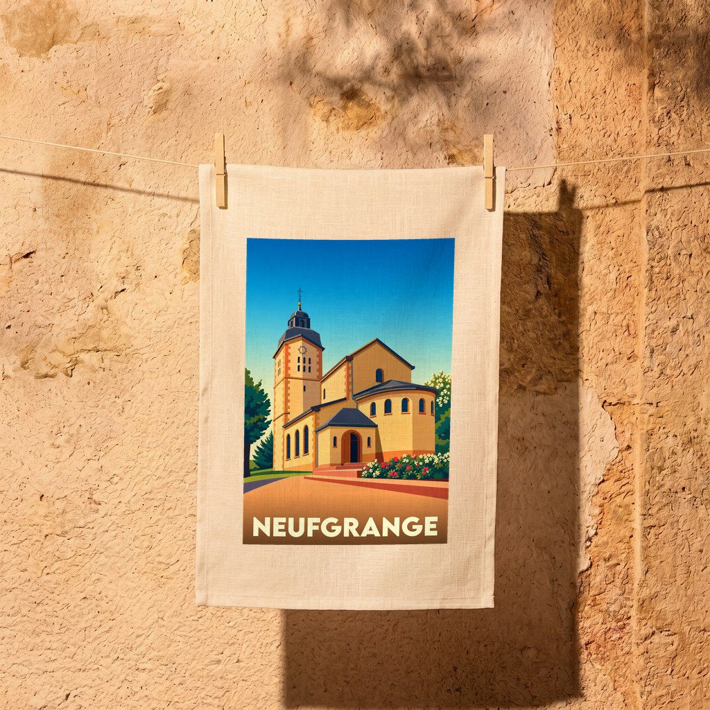Torchon souvenir de la ville de Neufgrange avec une illustration stylisée de son église.
