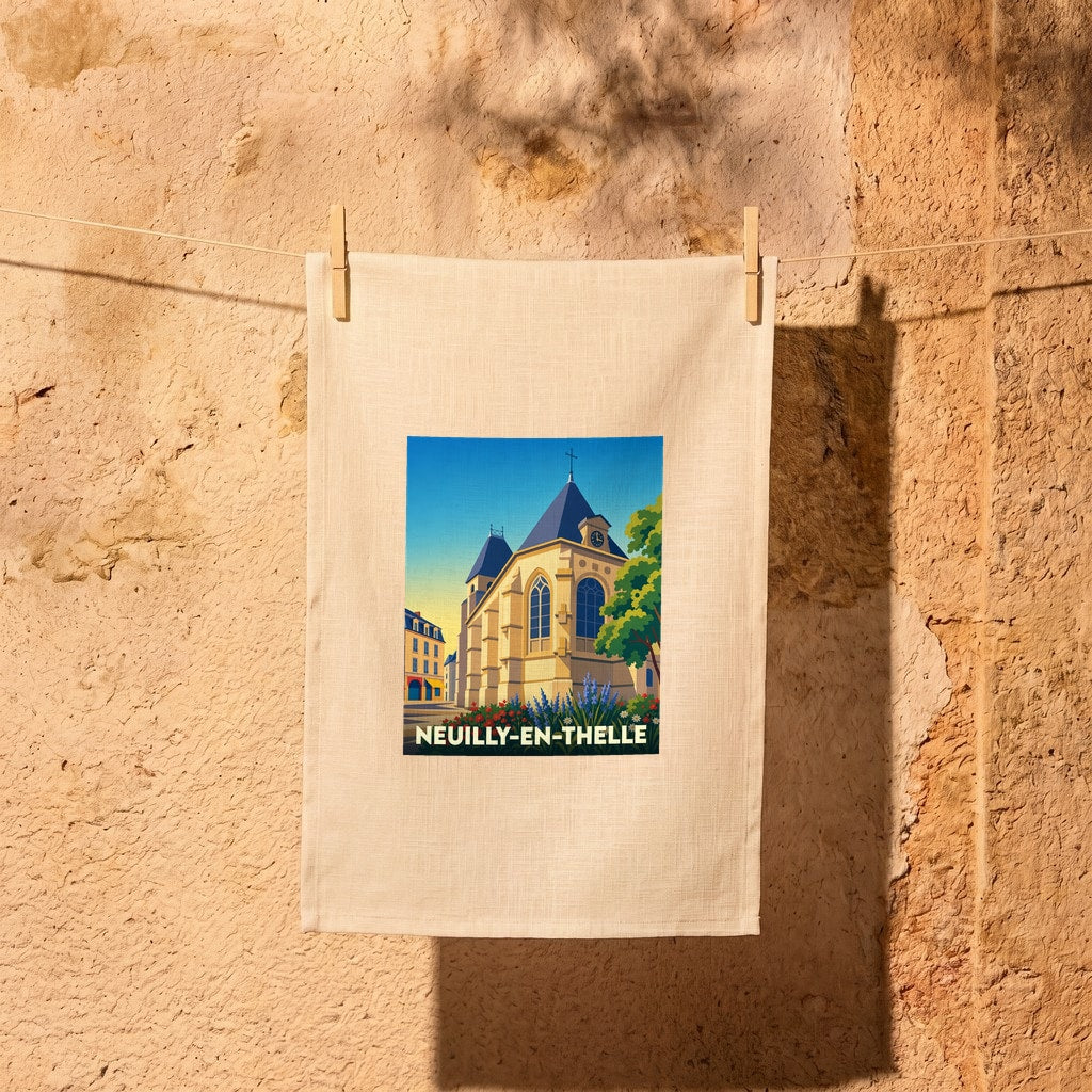 Torchon souvenir de la ville de Neuilly-en-Thelle avec une illustration stylisée de son église.
