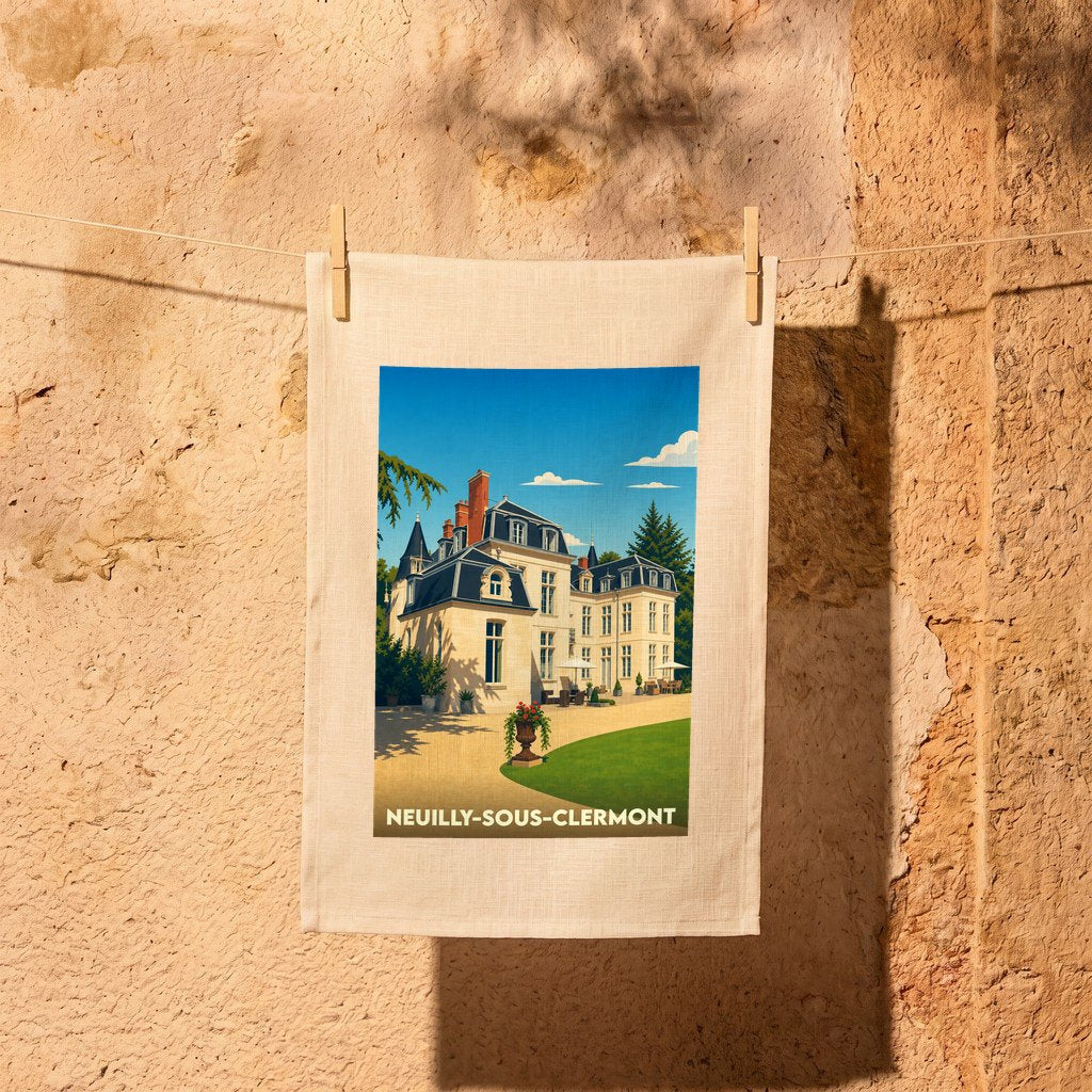 Torchon souvenir de la ville de Neuilly-sous-Clermont illustrant un château de style classique sous un ciel bleu.