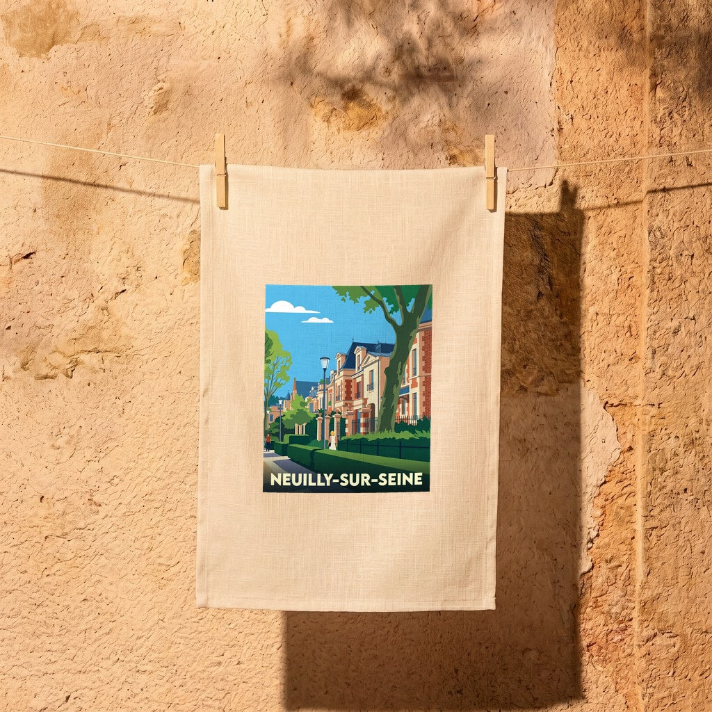 Torchon souvenir de la ville de Neuilly-sur-Seine avec une illustration stylisée.