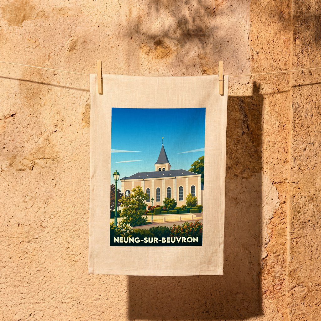 Torchon souvenir de la ville de Neung-sur-Beuvron avec une illustration stylisée de son église.