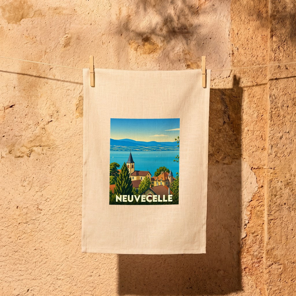 Torchon souvenir de la ville de Neuvecelle orné d'une illustration stylisée du bord de lac.