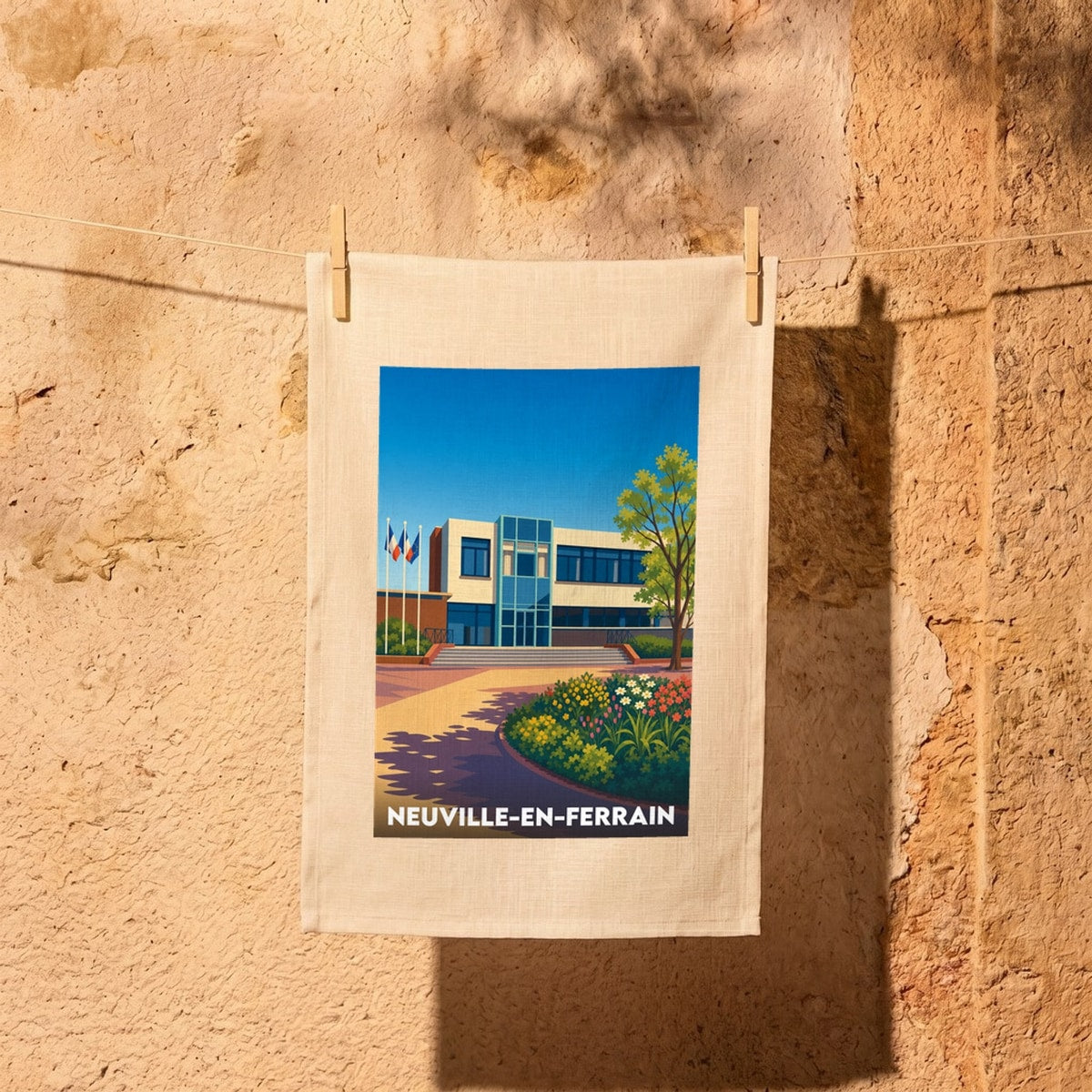 Torchon souvenir de la ville de Neuville-en-Ferrain avec une illustration stylisée de son hôtel de ville.